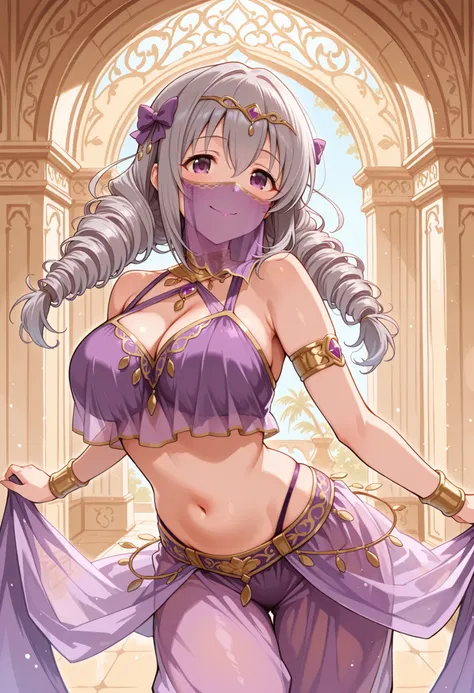 Score_9, score_8_up, score_7_up, source_anime, Sakakibara_Satomi_Cinderella, solo, grey hair, large breasts, low twintails, purple eyes, twin drills, bow, hair bow, ribbon, hair between eyes, large breasts, (best quality), (high quality), {masterpiece}, ex...