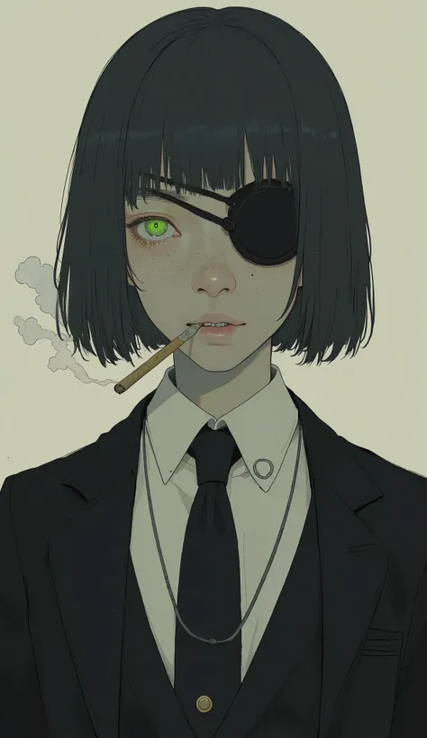 short hair, ダークヘアとモチーフです体の表情teeth前方を向いています, 左目teeth前髪で覆い隠され、Black Eye Patch、right, bright green , teeth、with a casual indifferent vibe. a thin cigarette hangs from the lips, the smoke is curling upwards. I'm wearing a formal black suit, wildly worn, teeth白...