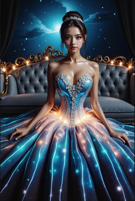 A beautiful Asian idol girl with white skin, douyin-style makeup face, eyelashes, With fake giant breasts, blue eyes, shiny body, wet body, cleavage, wearing a tight strapless dress that presses the breasts, with a sexy and slim body, a small waist, flame ...