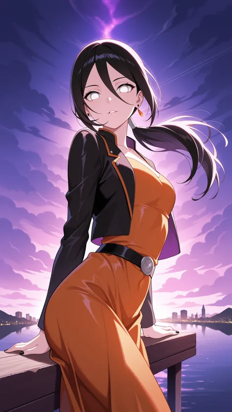 BREAK (masterpiece:1.2),Anime-style New York-inspired city at sunset. Skyscrapers reflect warm orange and deep purple light from the glowing sky. Bridges stretch across a wide river, their silhouettes highlighted against dramatic clouds. The city feels maj...