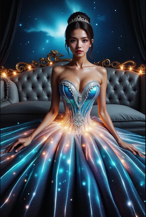 A beautiful Asian idol girl with white skin, douyin-style makeup face, eyelashes, With fake giant breasts, blue eyes, shiny body, wet body, cleavage, wearing a tight strapless aurora dress that presses the breasts, with a sexy and slim body, a small waist,...