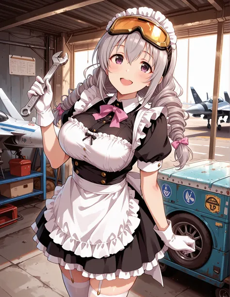 Score_9, score_8_up, score_7_up, source_anime, Sakakibara_Satomi_Cinderella, solo, grey hair, large breasts, low twintails, purple eyes, twin drills, bow, hair bow, ribbon, hair between eyes, large breasts, (best quality), (high quality), {masterpiece}, ex...