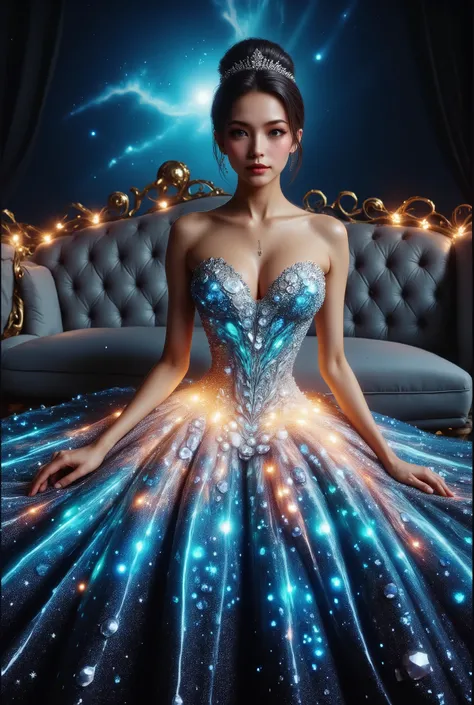 A beautiful Asian idol girl with white skin, douyin-style makeup face, eyelashes, With fake giant breasts, blue eyes, shiny body, wet body, cleavage, wearing a tight strapless aurora dress that presses the breasts, with a sexy and slim body, a small waist,...