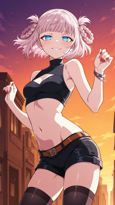 BREAK (masterpiece:1.2), best quality, high resolution, unity 8k wallpaper, (illustration:0.8), (beautiful detailed eyes:1.6),Anime-style view from the street, skyscrapers glowing in orange and purple sunset light. The sky burns with warm colors between ta...