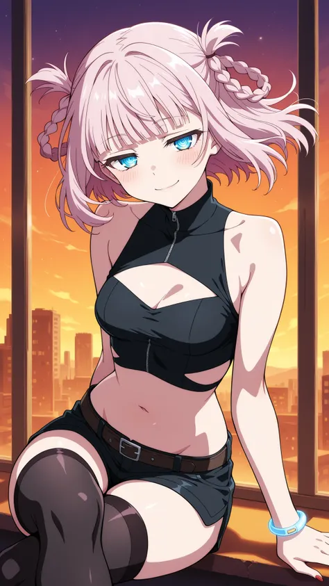 BREAK (masterpiece:1.2), best quality, high resolution, unity 8k wallpaper, (illustration:0.8), (beautiful detailed eyes:1.6),Anime-style view from the street, skyscrapers glowing in orange and purple sunset light. The sky burns with warm colors between ta...