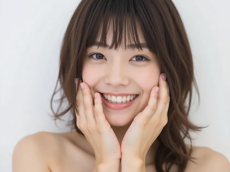 (Refined from an old photo, recreated in a modern, ultra high-quality photorealistic style, with a trendy Reiwa-era hairstyle: soft semi-long hair with natural waves and airy see-through bangs), 
Ultra photorealistic close-up portrait of a beautiful Japane...