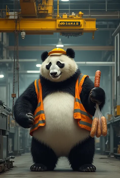 A very chubby panda wearing a safety helmet and reflective vest, working inside a large industrial production hall. The panda is operating a yellow Demag overhead crane, lifting a heavy metal part. In one hand, the panda is holding a single giant sausage, ...