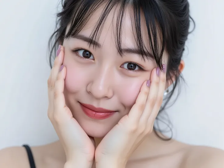 (Refined from an old photo, recreated in a modern, ultra high-quality photorealistic style, with a trendy Reiwa-era hairstyle: soft semi-long hair with natural waves and airy see-through bangs), 
Ultra photorealistic close-up portrait of a beautiful Japane...