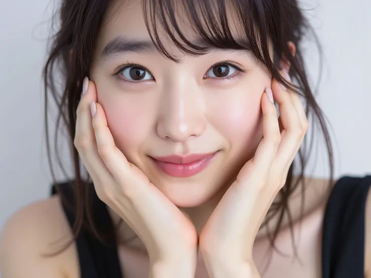 (Refined from an old photo, recreated in a modern, ultra high-quality photorealistic style, with a trendy Reiwa-era hairstyle: soft semi-long hair with natural waves and airy see-through bangs),
Ultra photorealistic close-up portrait of a beautiful Japane...