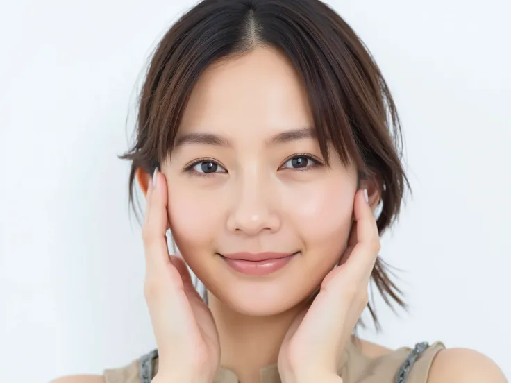 (Refined from an old photo, recreated in a modern, ultra high-quality photorealistic style, with a trendy Reiwa-era hairstyle: soft semi-long hair with natural waves and airy see-through bangs), 
Ultra photorealistic close-up portrait of a beautiful Japane...