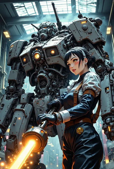 Anime key visual, masterpiece, best quality, ultra-detailed, 8k. A beautiful "Maid Mechanic" with determined bright (amber) eyes and slight smudges of grease on her cheek. She is wearing a detailed, functional black and white maid uniform apron over a prac...