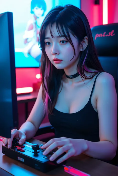 gaming room、gaming chair、I'm using a gaming arcade controller)I'm obsessed with games facing the gaming monitor))。A face with a sad crying expression、black choker、cute On, On,surreal,high resolution,Highest Quality,8k,Exquisite details,(14 years old),(full...