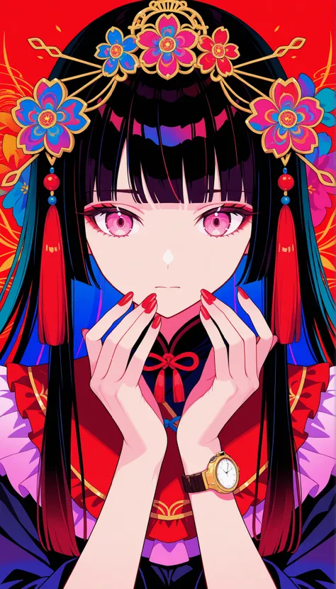 
Woman, solo, red nails, watch viewers, Bang, pink eyes, long hair, dark haired, hair ornaments, hands up, Flower, blunt Bang, closed mouth, Tassel, ribbon, Portrait, colorful, red background, frills, multicolored hair, upper body,