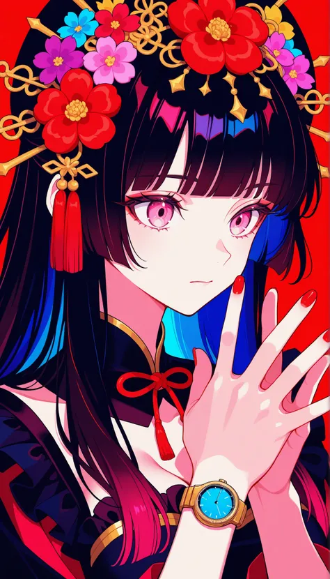
Woman, solo, red nails, watch viewers, Bang, pink eyes, long hair, dark haired, hair ornaments, hands up, Flower, blunt Bang, closed mouth, Tassel, ribbon, Portrait, colorful, red background, frills, multicolored hair, upper body,