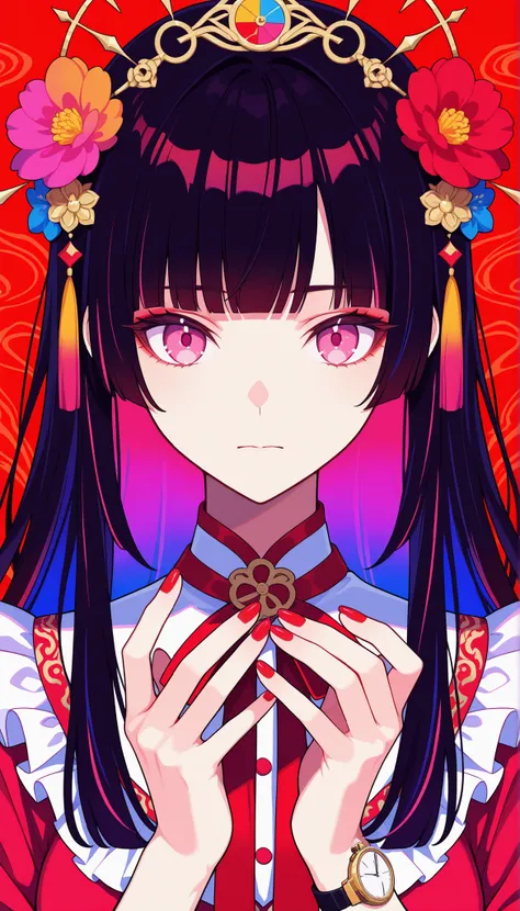 
Woman, solo, red nails, watch viewers, Bang, pink eyes, long hair, dark haired, hair ornaments, hands up, Flower, blunt Bang, closed mouth, Tassel, ribbon, Portrait, colorful, red background, frills, multicolored hair, upper body,