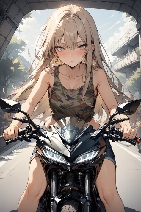 ((masterpiece,Highest Quality:1.2)),(soro),Slender,Middle school girl riding a motorcycle at the harbor, getting behind the wheel, and staring at me,cowboy shot,beautiful skin,(Thin thighs),(healthy tanned skin),light brown very long straight hair,Perfect ...