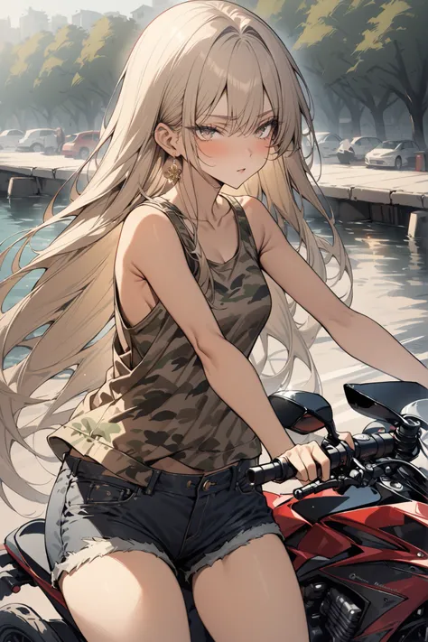 ((masterpiece,Highest Quality:1.2)),(soro),Slender,Middle school girl riding a motorcycle at the harbor, getting behind the wheel, and staring at me,cowboy shot,beautiful skin,(Thin thighs),(healthy tanned skin),light brown very long straight hair,Perfect ...