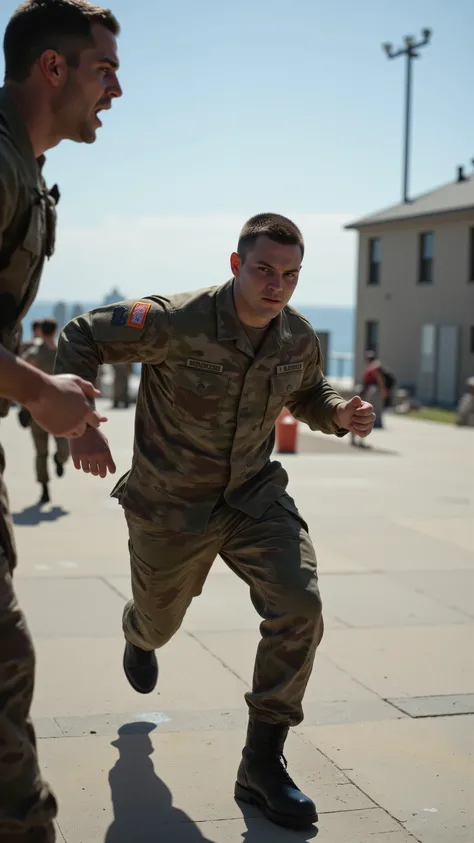 high-definition images、Marine Corps Training School、trainer runs at the square of the training facility by the sea after being yelled at by a black instructor、The protagonist wearing a