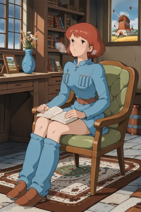 Nausicaa,1girl,brown hair,medium hair,brown eyes, breasts,, (Masterpiece, top quality, 8k, High quality anime, detailed and accurate anime poster, Studio Ghibli style, High sense Art ), adorable face, very kind face, Sitting chair and reading book near win...