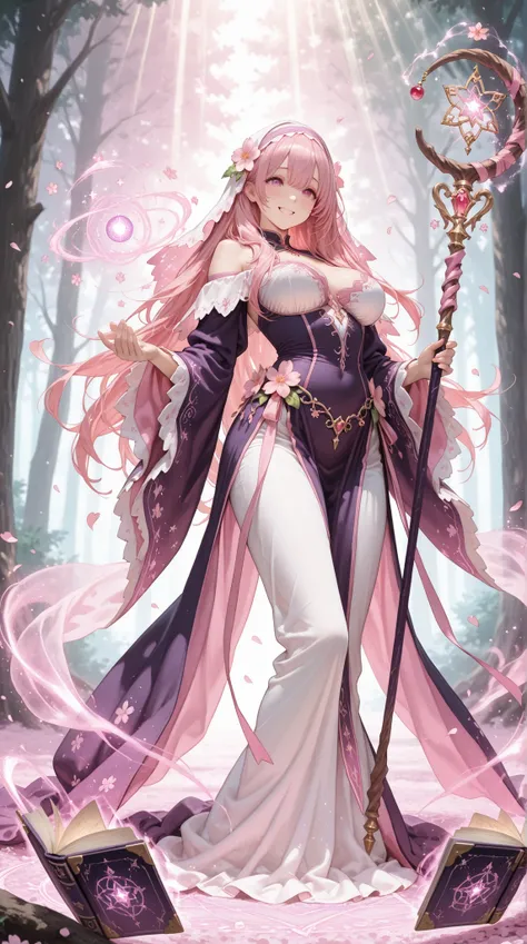 Perfect Quality, An Artistic Masterpiece, Every detail has been worked out
Fantasy witch, pink hair maiden, flower sorceress, intricate magical dress, detailed embroidery, flowing fabric, magical aura, gentle smile, kind eyes, floral magic circles, cherry ...