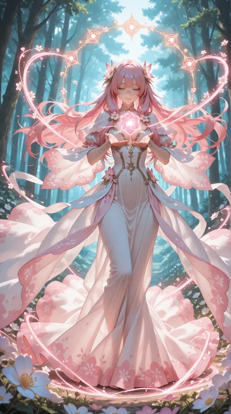 Picture-Like Quality, masterpiece, 超高解像度
beautiful witch, pink hair, elegant pose, floating in air, detailed magical dress with flower patterns, intricate magical circles, blooming flowers background, gentle expression, noble atmosphere, fantasy forest, mo...