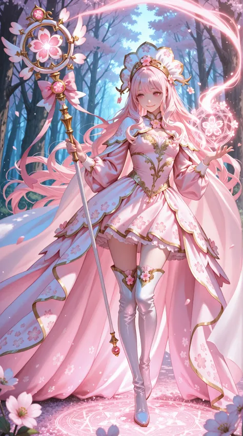 最高品質, 傑作, 究極の詳細度
1girl, light pink hair, long flowing hair, gentle smile, kind eyes, magical girl, witch, fantasy art style, ornate flower-embroidered dress, white and pink dress, intricate floral patterns, magical circle with flower motifs, glowing magic,...