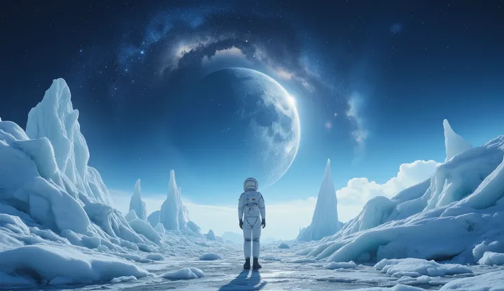 An astronaut stands on the frozen surface of an exoplanet, gazing up at a shattered moon suspended in the sky. Jagged ice formations surround the figure, illuminated by the pale light of a distant blue sun. Above, a swirling galaxy dominates the sky, casti...