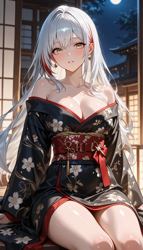 ((1girl, loose floral kimono with floral pattern and red belt、woman sitting gracefully:1.4、detailed face、 Bright、younger,  Bright, Whiter skin、great appearance、ultimate beauty、shiny silver hair with highlights、shine Bright hair, hair fluttering in the wind...