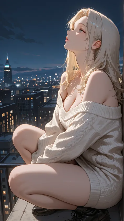 The girl sits pensively against the backdrop of the nightscape at dusk. A side view of her profile as she gazes blankly down at the city lights, a photograph capturing her contemplative state at twilight. The city's reflected glow casts a dim light, stretc...