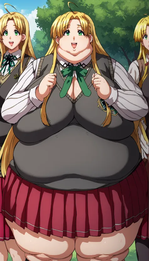 score_9, score_8_up, score_7_up, source_anime,
asiaargento,
asia argento, long hair, blonde hair, green eyes, parted bangs, ahoge, smile,
skirt, shirt, long sleeves, ribbon, school uniform, pleated skirt, vest, red skirt, sweater vest,, pretty beautiful m...