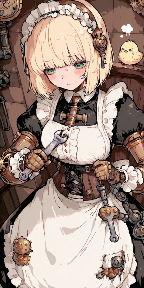 steampunk,The robot and the girl,1girl and 1robot,A girl is fixing a broken robot,sweat,maid clothes,Wrench,,,Anime Chick,masterpiece,Highest Quality,great quality,very beautiful,Newest,