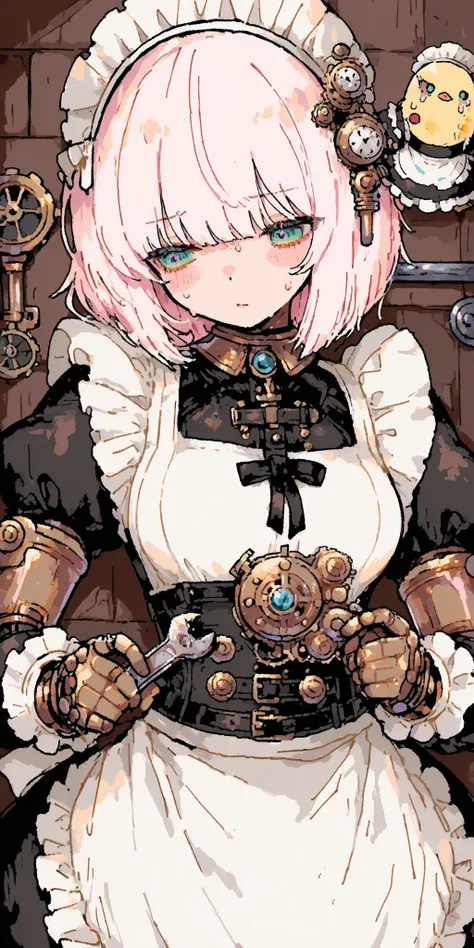 steampunk,The robot and the girl,1girl and 1robot,A girl is fixing a broken robot,sweat,maid clothes,Wrench,,,Anime Chick,masterpiece,Highest Quality,great quality,very beautiful,Newest,