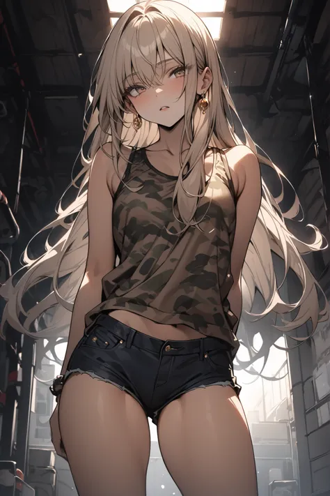 ((masterpiece,Highest Quality:1.2)),(soro),Slender,A junior high school girl who spreads her legs left and right in a dark warehouse and looks at me in a Nioh standing pose,cowboy shot,beautiful skin,(Thin thighs),(healthy tanned skin),light brown very lon...