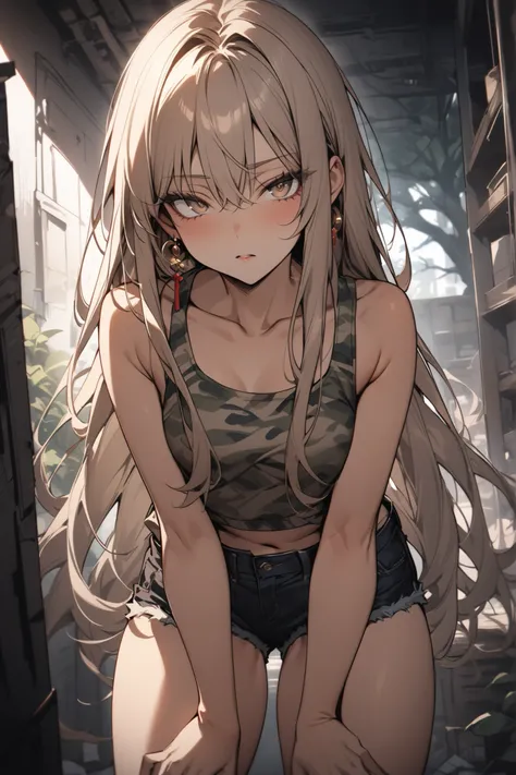 ((masterpiece,Highest Quality:1.2)),(soro),Slender,A junior high school girl who spreads her legs left and right in a dark warehouse and looks at us in a Nioh standing pose,cowboy shot,beautiful skin,(Thin thighs),(healthy tanned skin),light brown very lon...