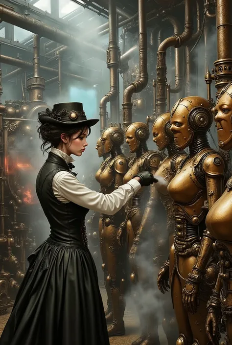 Steampunk Assembly Line, Wearing a Practical Victorian Uniform、Maid of Determination、Carefully Polishes a Series of Humanoid Brass Robots Waiting to Start, Each robot is connected to an overhead pipe that supplies steam power, Industrial Factory Setup with...