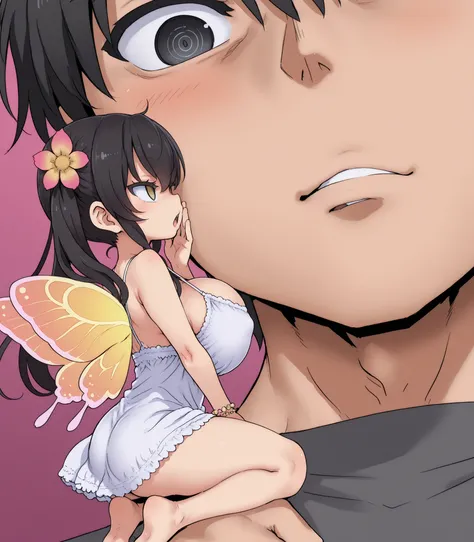 score_9, score_8_up, score_7_up, 1 girl, 1 boy, (top quality, 8k), high resolution, detailed, best quality, abstract pink background. (ringed eyes), open mouth, (evil smile:0.8), fairy girl, girl full body, femdom, source_anime, (miniature girl:1.2), minig...