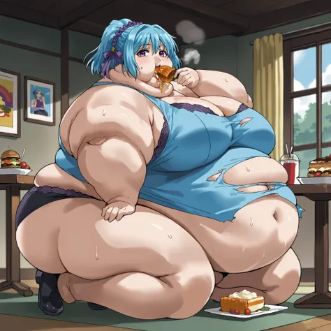 score_9, score_8_up, score_7_up, source_anime, BREAK 1girl, looking at you, score_9, score_8_up, score_7_up, source_anime, kurumu kurono, short hair, blue hair, purple eyes, ponytail, ribbon, hair ribbon, hair ornament, large breasts, bra and panties, chub...