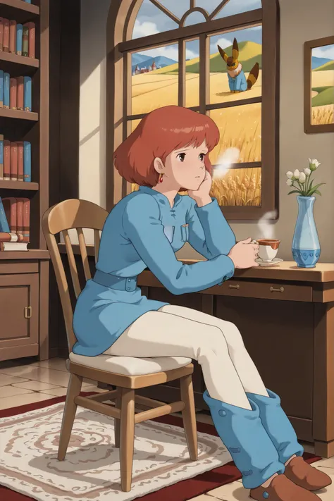 Nausicaa,1girl,brown hair,medium hair,brown eyes, breasts,, (Masterpiece, top quality, 8k, High quality anime, detailed and accurate anime poster, Studio Ghibli style, High sense Art ), adorable face, very kind face, Sitting chair and reading book near win...