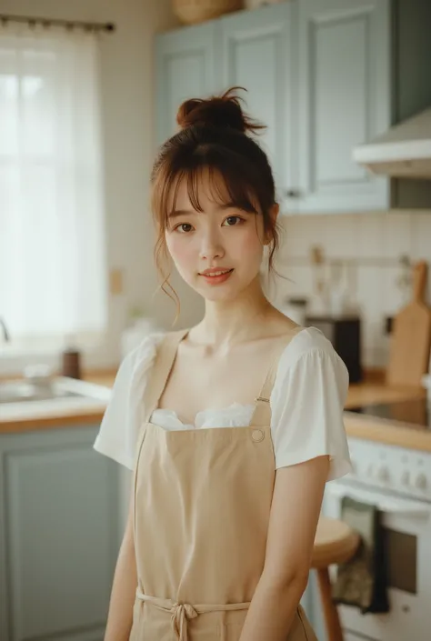20 year old Japanese woman, beautiful face, casual hair up, slim figure, casual home clothes, apron, cooking pose, joyful expression, modern kitchen, mixed lighting, window and overhead lights, 35mm lens, storytelling composition, domestic mood, bright cle...
