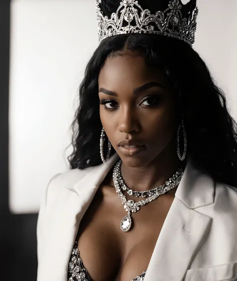 CREATE A FASHION PHOTO OF A BEAUTIFUL YOUNG AND IMPOSING BLACK FEMALE RAPPER FROM BRAZIL, A REAL QUEEN, THE IMAGE CONVEYS A DOMINANT AND IMPACTFUL ATMOSPHERE