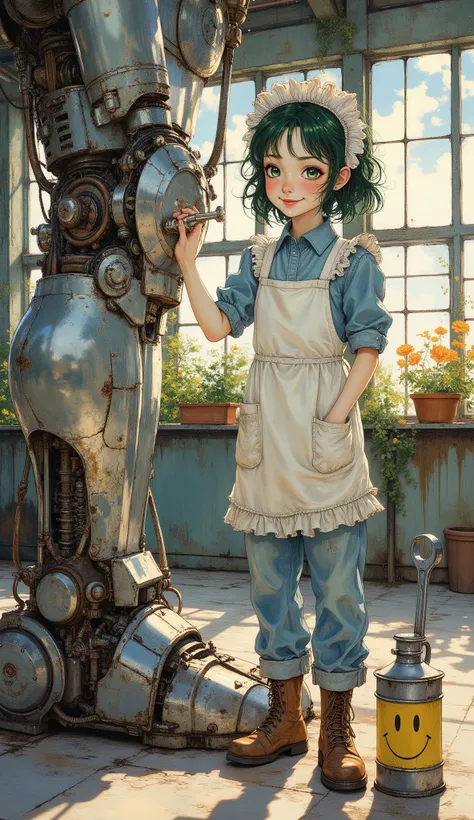 Anime style, warm serene atmosphere, soft accent. A young, cheerful "Mechanical Maid" with sparkling (green) eyes and a radiant smile. She is wearing a white maid's apron with frills and cute pockets over a blue jumpsuit, which is a little too big. She lov...