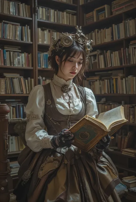 a beautiful woman wearing steampunk couture in a library, reading the bible. Intricate details, raw photography