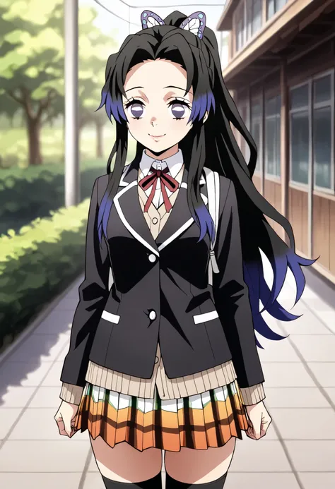 Shinobu Kocho, black hair, butterfly hair ornament, forehead, degraded hair, hair ornament, multicolored hair, split bangs, by the red, ponytail hair, bicolor hair,line of motion、demon slayer、 colored anime 、teenage woman、 Masterpiece、 high quality、 eyes o...