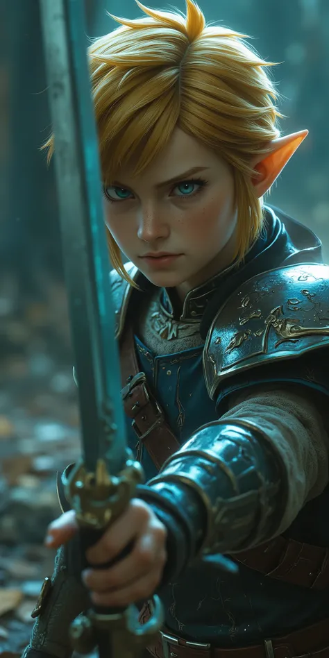 Elden Ring,Dark World,Blonde,link,1man,legend of zelda,holds a sword,close-up,very beautiful,Action,dynamic,live-action,realistic,greatest masterpiece,safe content