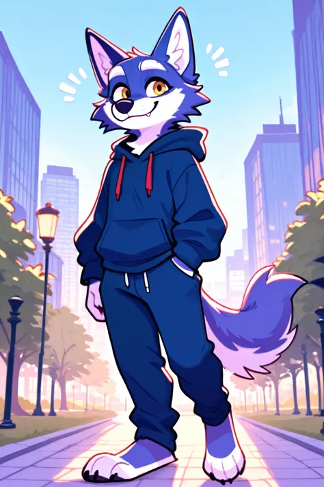 an indigo wolf walking in the park at morning wearing a blue hoode and blue pants, city background, happy expression, white eyebrows.