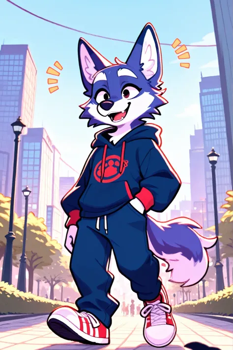 an indigo wolf walking in the park at morning wearing a blue hoode and blue pants, city background, happy expression, white eyebrows.