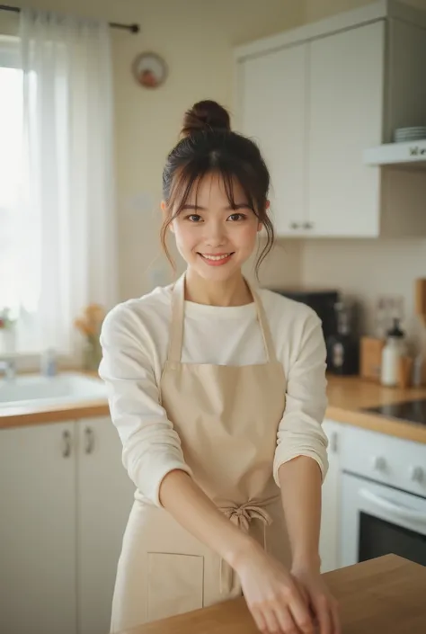 20 year old Japanese woman, beautiful face, casual hair up, slim figure, casual home clothes, apron, cooking pose, joyful expression, modern kitchen, mixed lighting, window and overhead lights, 35mm lens, storytelling composition, domestic mood, bright cle...