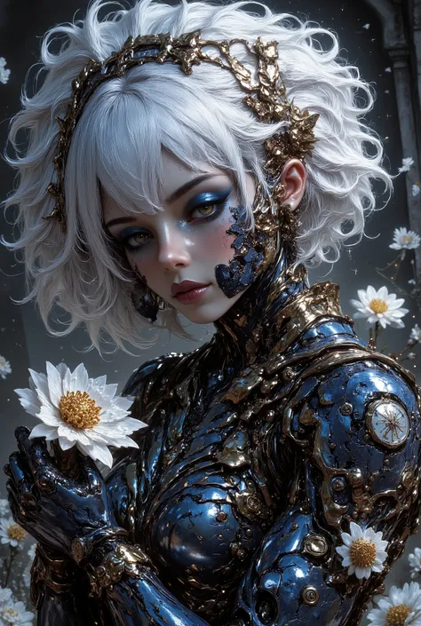 semi-realistic,HassaKu_illu, artist:moriimee, 748cmstyle, jsyu_style, 2025. 09, (1girl, solo, masterpiece, best quality, amazing quality, absurdres, newest), BREAK, depth of field, flowers, cyborg, wires, broken, white hair, messy hair, hair covering eyes,...