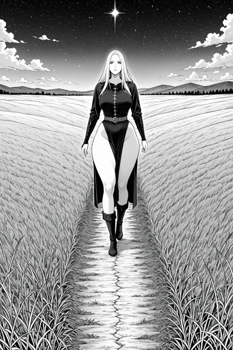 Landscape of a field and a long path, , sky, clouds, Comic, 1koma, afternoon, looking at cime, stars, 1girl, solo, 2koma, comic, monochrome, black and white, medieval, star falling, wide hips, large hips, thick thighs, strong thigh, thin waist, long hair 