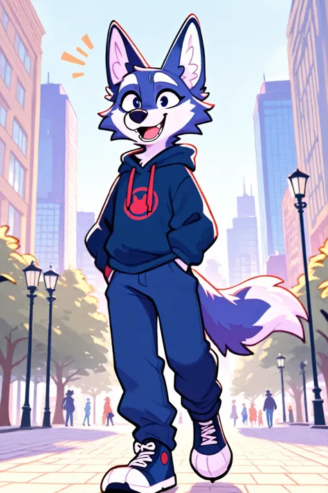 an indigo wolf walking in the park at morning wearing a blue hoode and blue pants, city background, happy expression, white eyebrows.